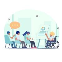 Business meetings conducted by people of various races and people with disabilities. vector flat illustration