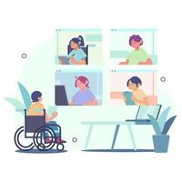 people having a business meeting. virtual meetings with various races and people with disabilities. Vector Flat Illustration.-flat cartoon vector illustration