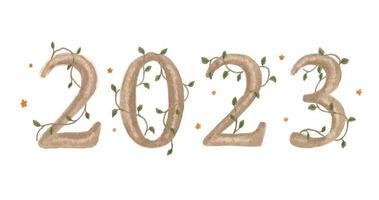 Número de acuarela 2023 con hojas y brunch. Diseño de texto del logotipo 2023. cartel de tipografía de celebración de plantilla de diseño, pancarta o tarjeta de felicitación para feliz año nuevo. vector