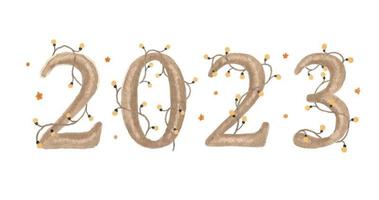 Número de acuarela 2023 con luces. Diseño de texto del logotipo 2023. cartel de tipografía de celebración de plantilla de diseño, pancarta o tarjeta de felicitación para feliz año nuevo. vector