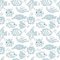 Fish doodles pattern. Sea seamless vector illustration. Cute blue hand drawn fish on white background