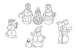 lindo conjunto de garabatos de muñecos de nieve. colección de vectores de personajes de muñeco de nieve de contorno de dibujos animados aislados. garabatear ilustración en blanco y negro para niños