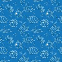 Fish doodle pattern. Marine seamless vector illustration. Blue and white two color background. Ocean life