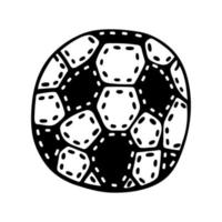 icono de vector de balón de fútbol. garabato simple dibujado a mano aislado en blanco. inventario de cuero para jugar al futbol clasico europeo. contorno negro, boceto. clipart plano de dibujos animados para impresiones, logotipos, aplicaciones