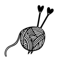 Ball of thread with knitting needles. Soft wool yarn - mohair, merino with needlework tools. Element hobby, homemade. Simple doodle. Black outline isolated on white background. Clipart for logo, apps vector