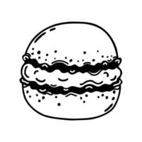 Macaron biscuit cookies made from almond flour. Delicious French dessert, sweet round cake with cream. Hand drawn doodle. Simple vector icon isolated on white. Clipart for menu, packaging, logo, apps