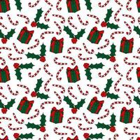 Christmas vector seamless pattern. Gift boxes, mistletoe, candy cane on white background. Colourful holiday pattern.