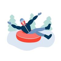 Happy woman riding on snow tubing donut. Cheerful woman sliding down on snow tube and raise hands. Vector stock illustration