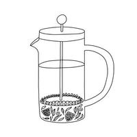 Vector doodle french press with fruit tea isolated. Hand drawn tea french press illustration