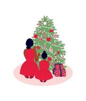 African mother and daughter sitting in front of Christmas tree. Christmas greeting card vector. Cartoon vector illustration. Afro American family.