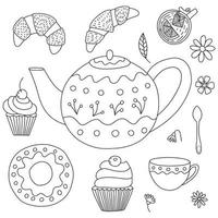 Vector doodle tea ceremony set. Hand drawn teapot and croissants for tea ceremony illustration