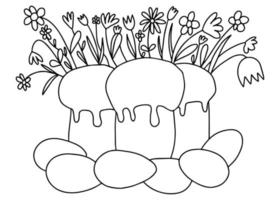 Happy Easter coloring page. Doodle coloring with Easter cakes, eggs and flowers. Holiday greeting card. vector