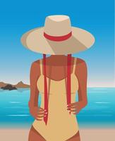 Digital illustration girl resting on vacation in a hat on the beach vector