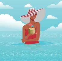 girl in a hat and a red swimsuit with a coconut in her hands posing in the ocean sea on a summer vector