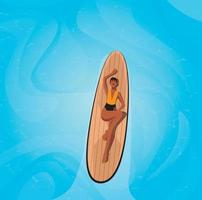 Digital illustration of a girl on summer vacation swims in the ocean on a board boat top view vector