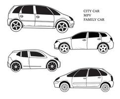 Collection the side of the MPV City Car Sketch Isolated on a White Background vector