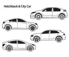 colección al lado del boceto del coche de la ciudad con portón trasero aislado en un fondo blanco vector