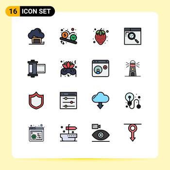 16 Thematic Vector Flat Color Filled Lines and Editable Symbols of camera search time internet pineapple Editable Creative Vector Design Elements