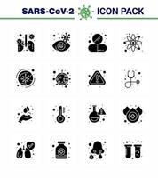 16 Solid Glyph Black Set of corona virus epidemic icons such as research laboratory virus infected atom pill viral coronavirus 2019nov disease Vector Design Elements