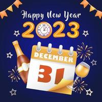 Happy New Year 2023. 3d illustration of calendar, wine bottle and glass with fireworks ornament vector