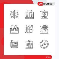 Stock Vector Icon Pack of 9 Line Signs and Symbols for lab glassware erlenmeyer flask transfer chemical flask pie chart Editable Vector Design Elements