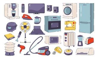 Household and kitchen appliances set. Microwave, washing machine, vacuum cleaner, coffee machine, blender, iron, etc. Flat vector style