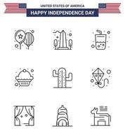 Line Pack of 9 USA Independence Day Symbols of usa muffin washington dessert cola Editable USA Day Vector Design Elements