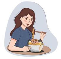 chica comiendo y disfrutando su sopa de fideos ramen usando palillos. vector