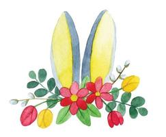 dibujo de acuarela. lindo conejito de Pascua con un ramo de flores de primavera. orejas de conejo con corona de flores vector