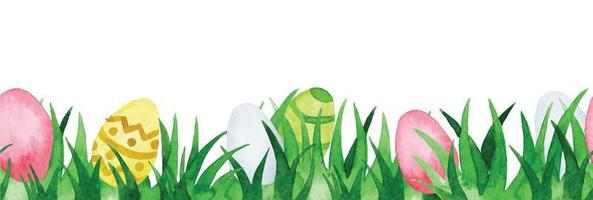 watercolor seamless border, frame for easter. green grass with easter eggs vector