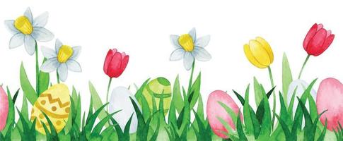 watercolor seamless border, frame for easter. green grass with easter eggs and flowers vector