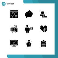 Group of 9 Solid Glyphs Signs and Symbols for human avatar apple access photo Editable Vector Design Elements