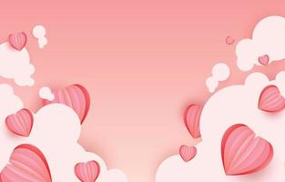 Paper cut elements in shape of heart flying on the clouds  pink and sweet backgrounds. copy space for design. vector symbols of love for Happy Valentine's Day, birthday greeting card design.