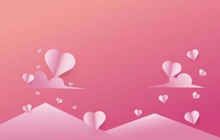 elementos de corte de papel en forma de corazón volando sobre fondo rosa y dulce de montaña. símbolos vectoriales paisajísticos del amor por el feliz día de San Valentín, diseño de tarjetas de felicitación. vector