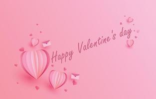 Paper cut elements in shape of heart flying on pink and sweet background. Vector symbols of love for Happy Valentine's Day, birthday greeting card design.