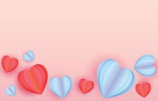 elementos de corte de papel rojo y azul en forma de corazón. volando sobre fondo rosa y dulce vacío. símbolos vectoriales de amor por el feliz día de San Valentín, diseño de tarjetas de felicitación de cumpleaños. vector