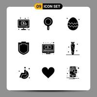 Pack of 9 Modern Solid Glyphs Signs and Symbols for Web Print Media such as youtube play egg computer security Editable Vector Design Elements