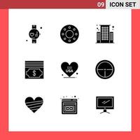 9 User Interface Solid Glyph Pack of modern Signs and Symbols of badge usa center american heart Editable Vector Design Elements