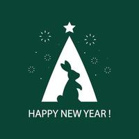 Happy New year. Silhouettes of rabbit, christmas tree and salute on dark green background. Minimalism design templates for greeting card, poster, banner for 2023. Year of the rabbit. vector