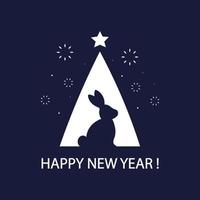 Happy New year. Silhouettes of rabbit and christmas tree. Greeting card on blue background. Minimalism design. Vector illustration.