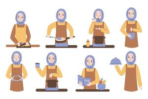 cute muslim woman cooking illustration vector flat