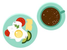 desayuno con café y huevos. ilustración de un desayuno. plato con huevos revueltos, queso, aguacate, tomate. ilustración plana sencilla vector