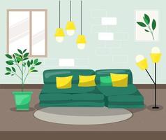 Living room with sofa. Modern interior design with a green sofa and pillows. Cartoon vector illustration.