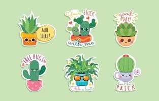 Funny Succulent Cartoon Stickers Set for Journal Template