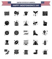 conjunto de 25 glifos sólidos vectoriales el 4 de julio, día de la independencia de EE. UU., como el escudo de oficial estadounidense, salchicha, elementos de diseño vectorial editables del día de EE. UU. vector