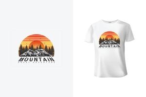 Mountains adventure t-shirt design with trees, sun, and birds. Colorful striped T-Shirt for fishing, hunting, camping, hiking. vector