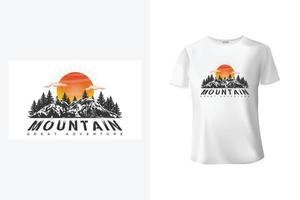 Mountains t-shirt design with fir trees, sun, and clouds. Adventure t-shirt design, apparel print, vector illustration.