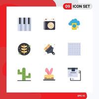Mobile Interface Flat Color Set of 9 Pictograms of art nature technology leaf upload Editable Vector Design Elements