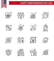 4th July USA Happy Independence Day Icon Symbols Group of 16 Modern Lines of ball football day ball independence Editable USA Day Vector Design Elements