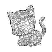 Cat Mandala Coloring Page for Adults Floral Animal Coloring Book Isolated on White Background Antistress Coloring Page Vector Illustration